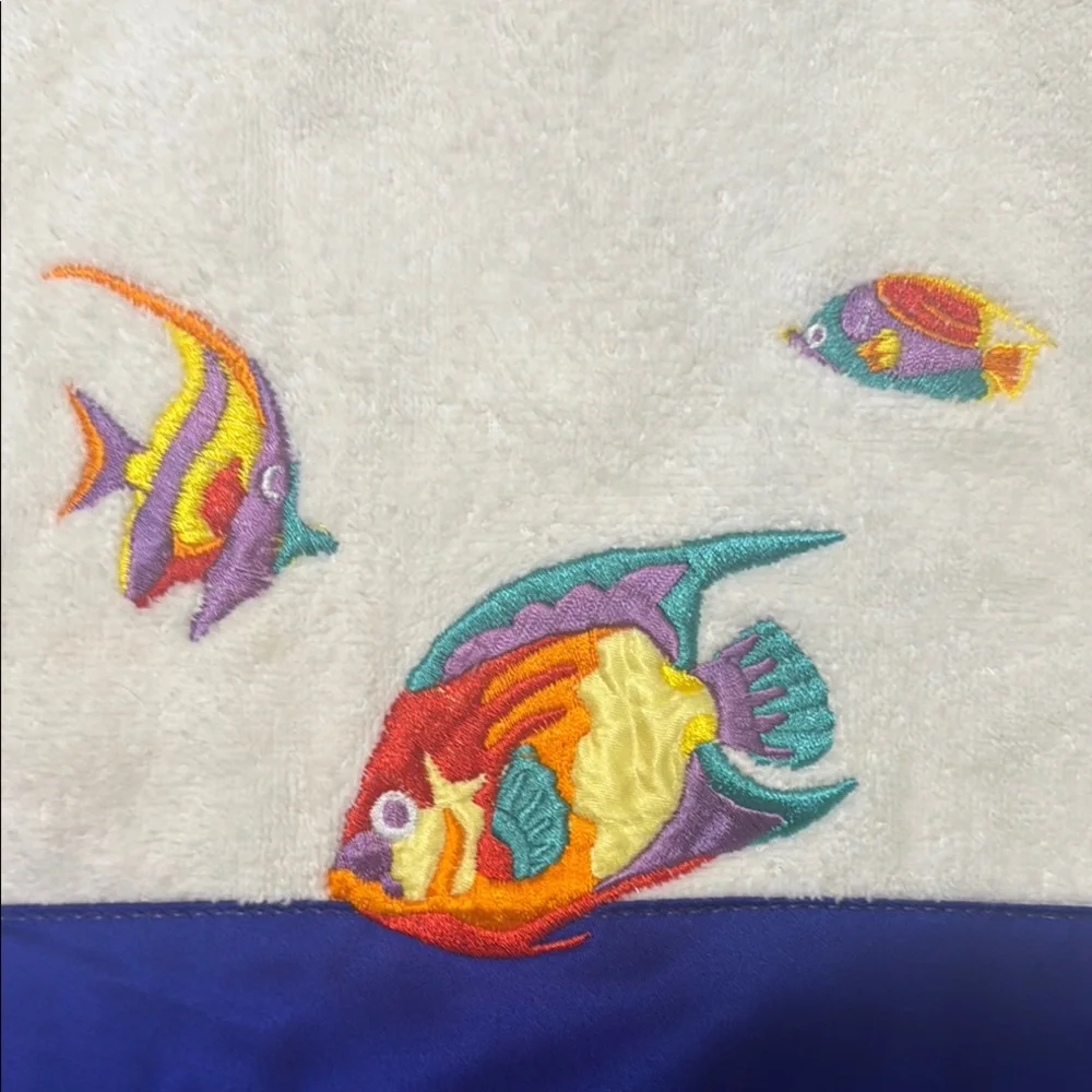 White Bath Towels With Colorful Embroidered Fish & Blue Border